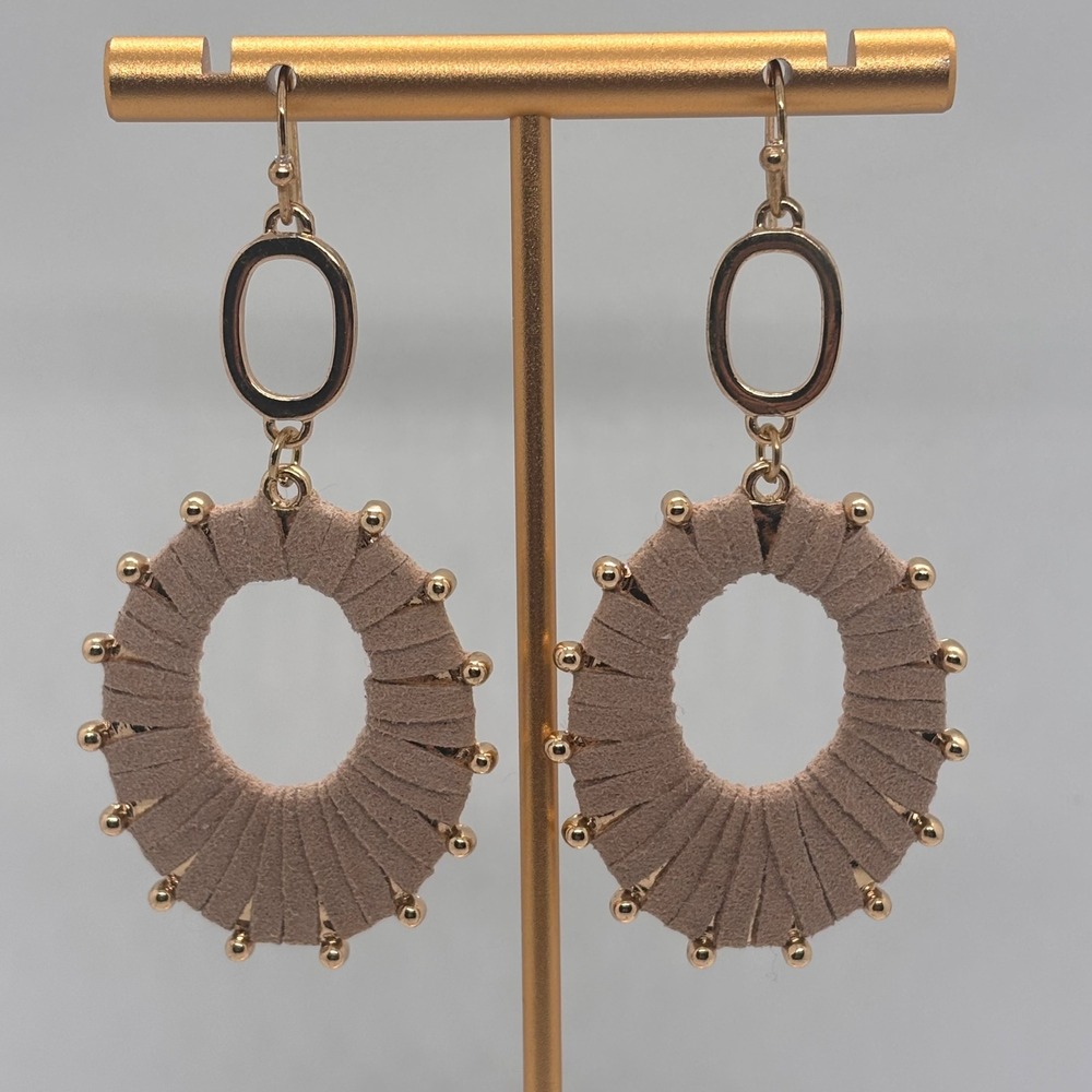 Boho Earrings Tan Suede Hoop Gold Tone Oval Dangle Statement